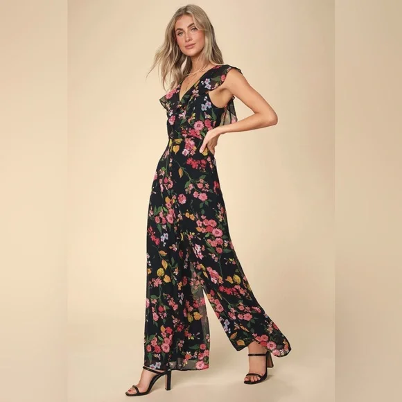 Lulus Blooming Love Black Floral Print Ruffled Jumpsuit Size Small S Current - Picture 1 of 14